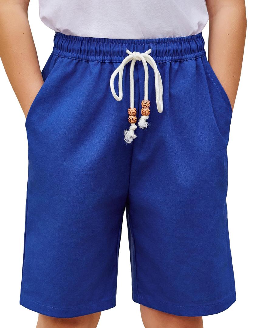 Arshiner Boys Cotton Linen Shorts Summer Beach Shorts Elastic Waist Drawstring Short with Pockets Size 6-18 Navy Blue (Blue)