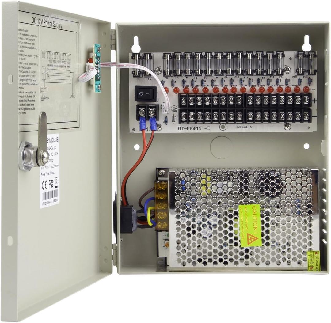 16 Channel Port 12V DC 10 Amp Amper with Glass Fuse Distributed Power Supply Box for CCTV DVR Security System and Camera or IP Cameras
