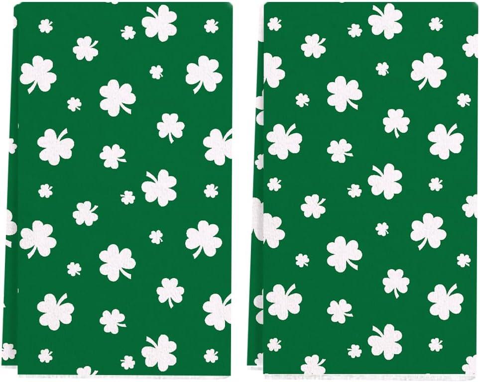 St Patricks Day Kitchen Towel 18x26 Inch,Shamrock Clover Green and White Dish Towels Hand Towels for Farmhouse Kitchen Lucky Decoration (Set of 2)