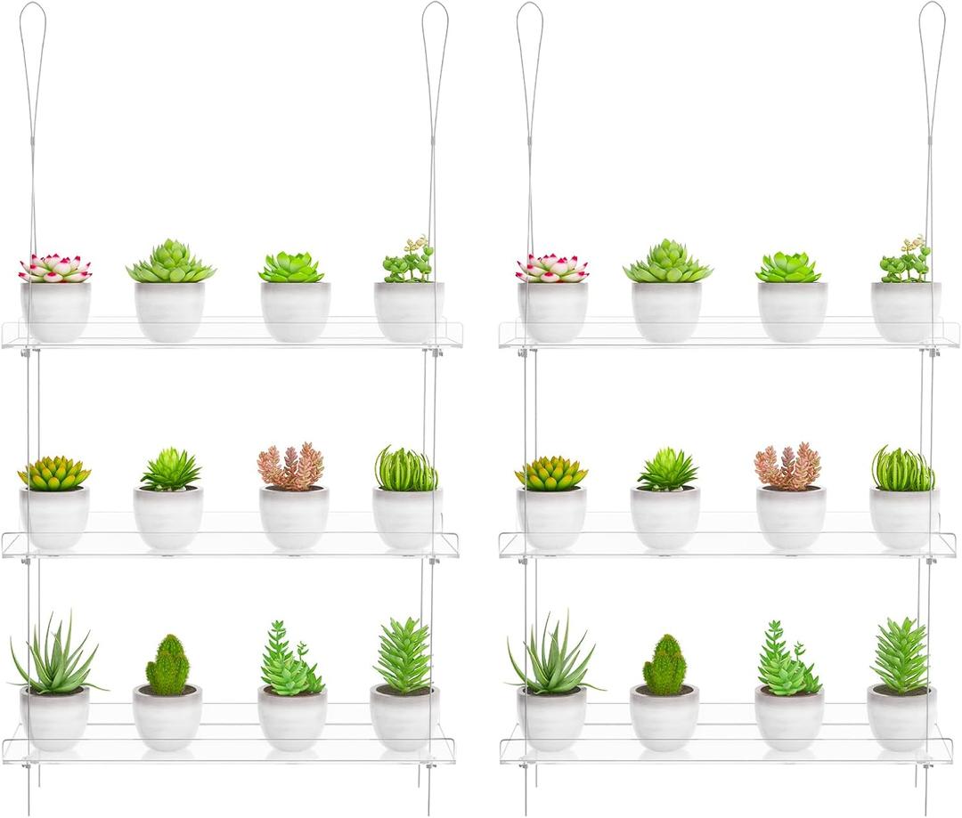 Clear Hanging Window Plant Shelves, 2-Pack 3-Tier, Indoor Windows Wall Hanging Plant Stand Flower Display, Flower Pot Organizer Storage for Window Grow Herbs, Microgreens, Succulents, Flower, 16-Inch
