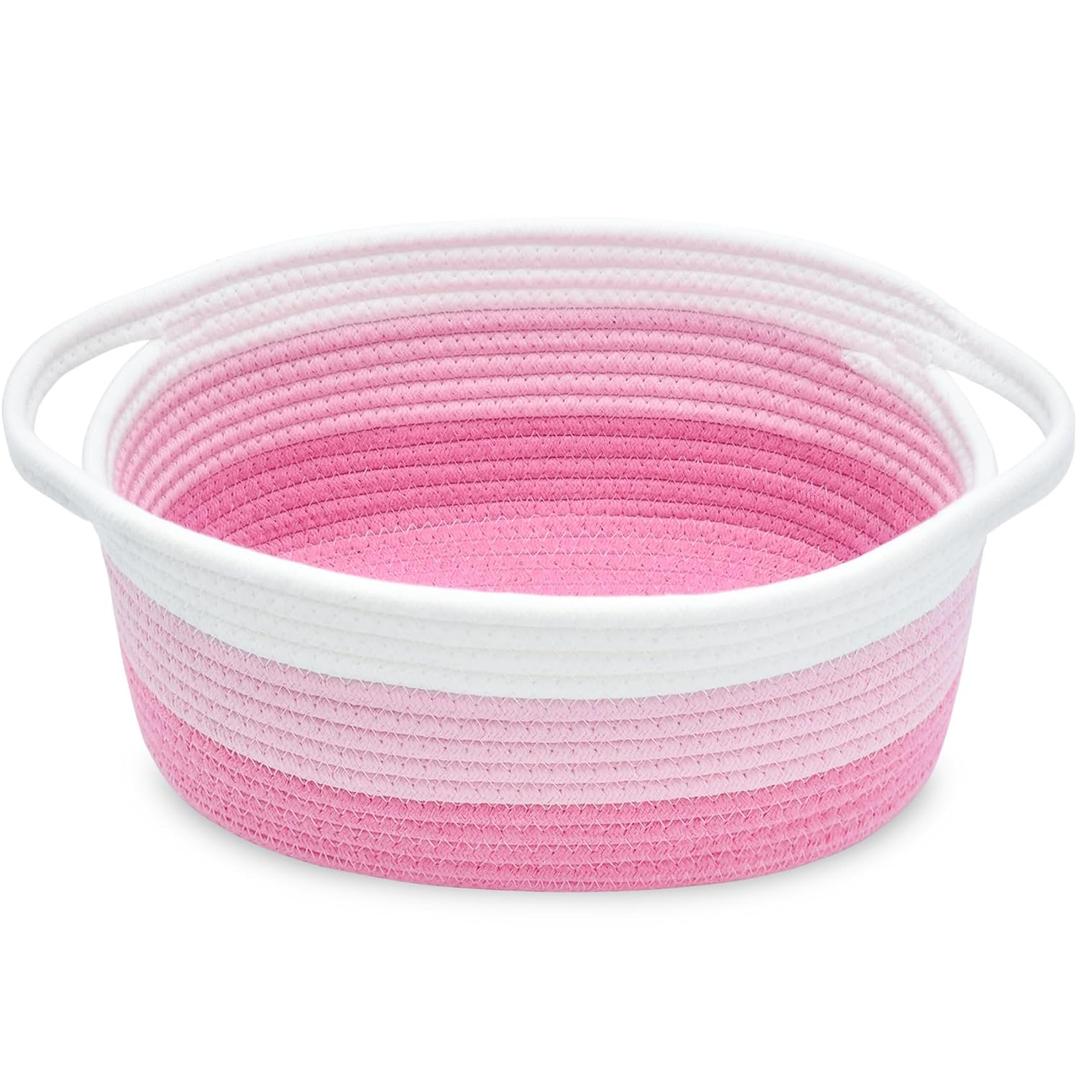 ABenkle Small Basket with Handles - Decorative Durable Rope Woven Storage Bin Shelf Storage Organizer Cube, Easter Baby Gift Basket, 12"x8"x5" (3 Color-Pink)