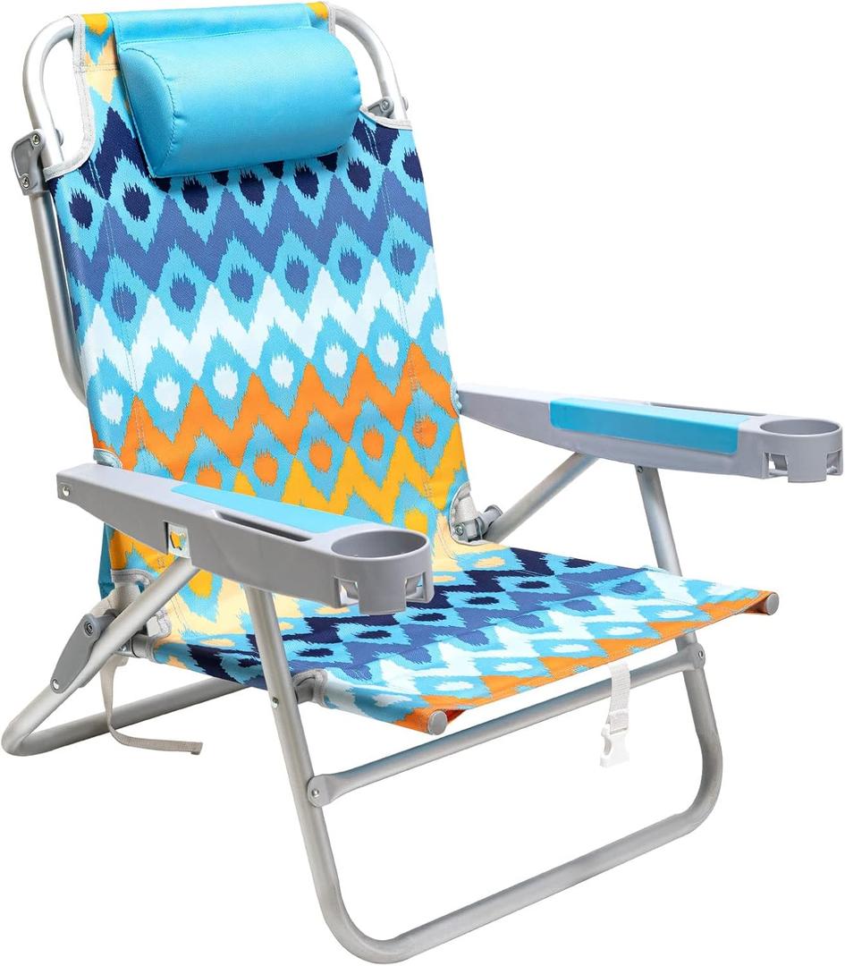 SUNNYFEEL Extra Wide 28" Low Beach Chair 5 Position Lay Flat, XL Oversized Portable Folding Camping Chairs with Cup Holder for Outdoor/Trip, Lightweight Foldable Backpack Beach Chair for Adults, 26D x 28W x 29.5H in