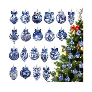 40 Pcs Christmas Chinoiserie Ornaments Blue and White Porcelain Wooden Flat Decoration Christmas Tree Ornaments Chinoiserie Hanging Decor Porcelain Pendants for Small Xmas Tree Decor(Creative)