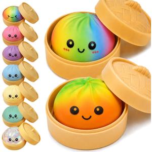 2PCS Rainbow Dumpling Squishies Toys with Food Steamer,Colorful Squeeze Dough Fidget Sensory Stress Balls,Stretchy Hand Desk Toys for Stress Relief Squishies Dumpling Gifts