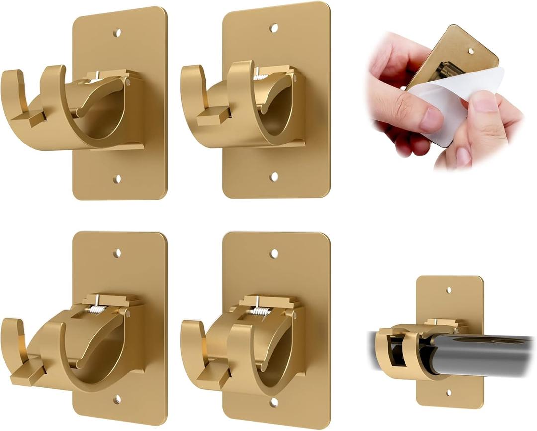 CIEMGNZOC 4PCS No Drill Curtain Rod Brackets, Gold Plastic, Self-Adhesive & Screw Mount, Holds Up To 20 Pounds, Suitable For Rods Up To 1.57 Inch Diameter
