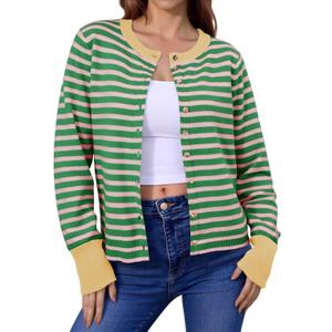 Saodimallsu Womens Striped Cardigan Sweaters Button Down Lightweight Color Block Crewneck Long Sleeve Knit Fall Cardigan