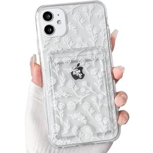 NITITOP Compatible with iPhone 11 Case Clear with Card Holder Cute Floral Flower Leaves Design for Women Girls Slim TPU and Hard Back Bumper Wallet Shockproof Protective Cover - White