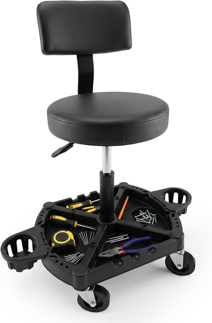 Rolling Shop Stool with Wheels, Mechanic Chair Garage Stool with Backrest, 20.08" to 25.59"