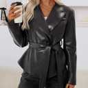 MEROKEETY Women's Fall Fashion 2025 Leather Jacket Casual Belt Button Down Blazer Trendy Coat Outerwear (Medium, Black)