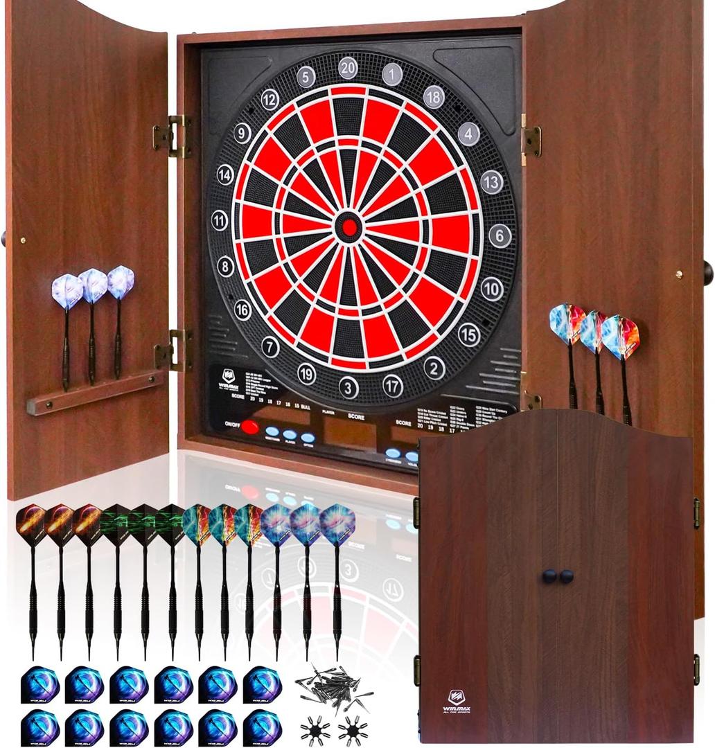 Electronic Dart Board LED Electric Digital Scoreboard Dart Boards for Adults with MDF Cabinet, up to 8 Players, 34 Games,355 Variations - 12 Soft Tip Darts & 100 Replacement tips - Great for Game Room