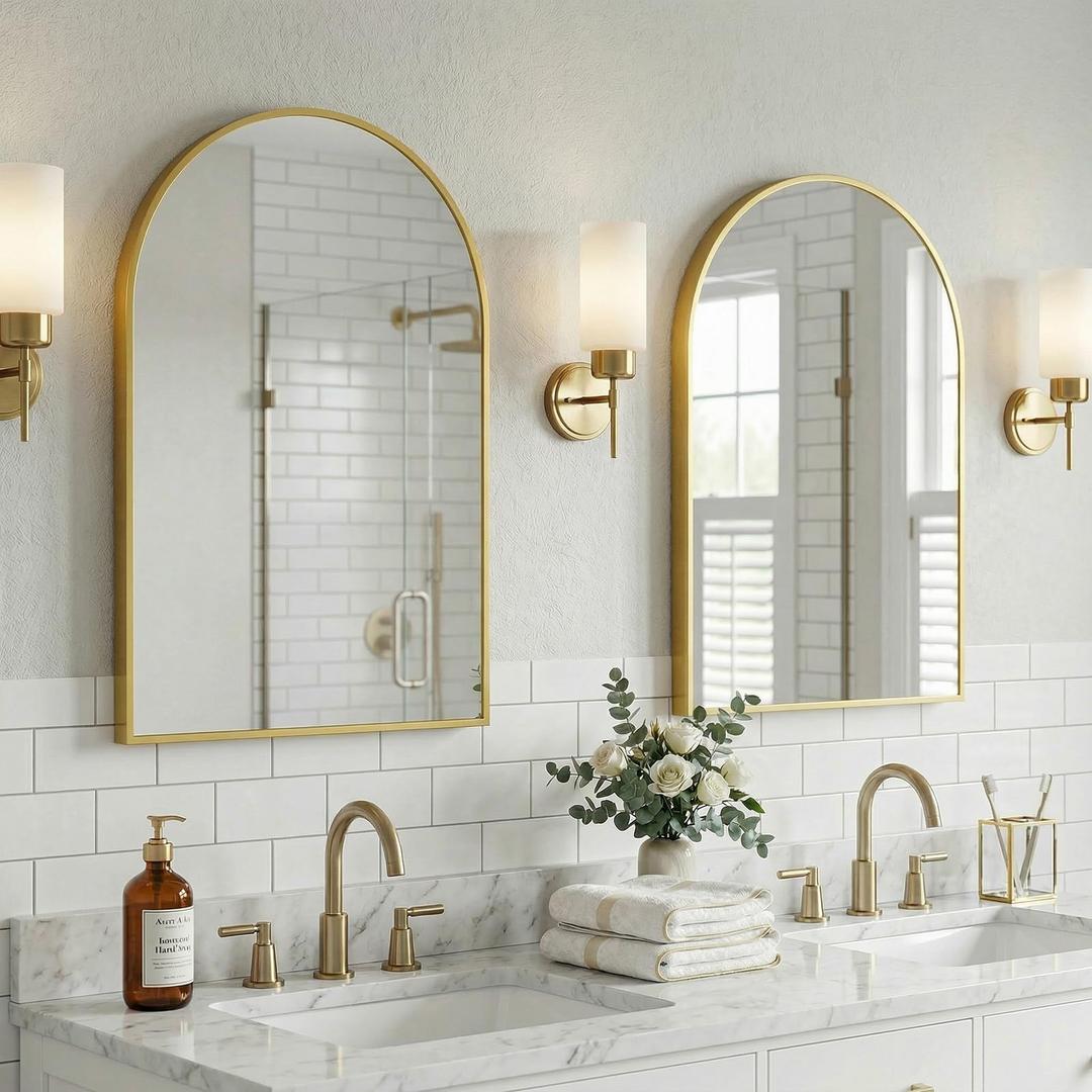Furnivio Arched Mirror for Wall, 36x24 Inch Bathroom Vanity Arched Wall Mirror with Metal Frame, Anti-Rust, Tempered Glass, Wall Mounted Mirror for Bedroom, Living Room, Entryway, Gold