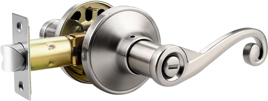 Privacy Door Lock, Keyless Entry Bedroom Bathroom Door Handle with Modern Curlicue Scroll Design, Right Handed Interior Lever, Easy Installation, Satin Nickel, 1 Pack