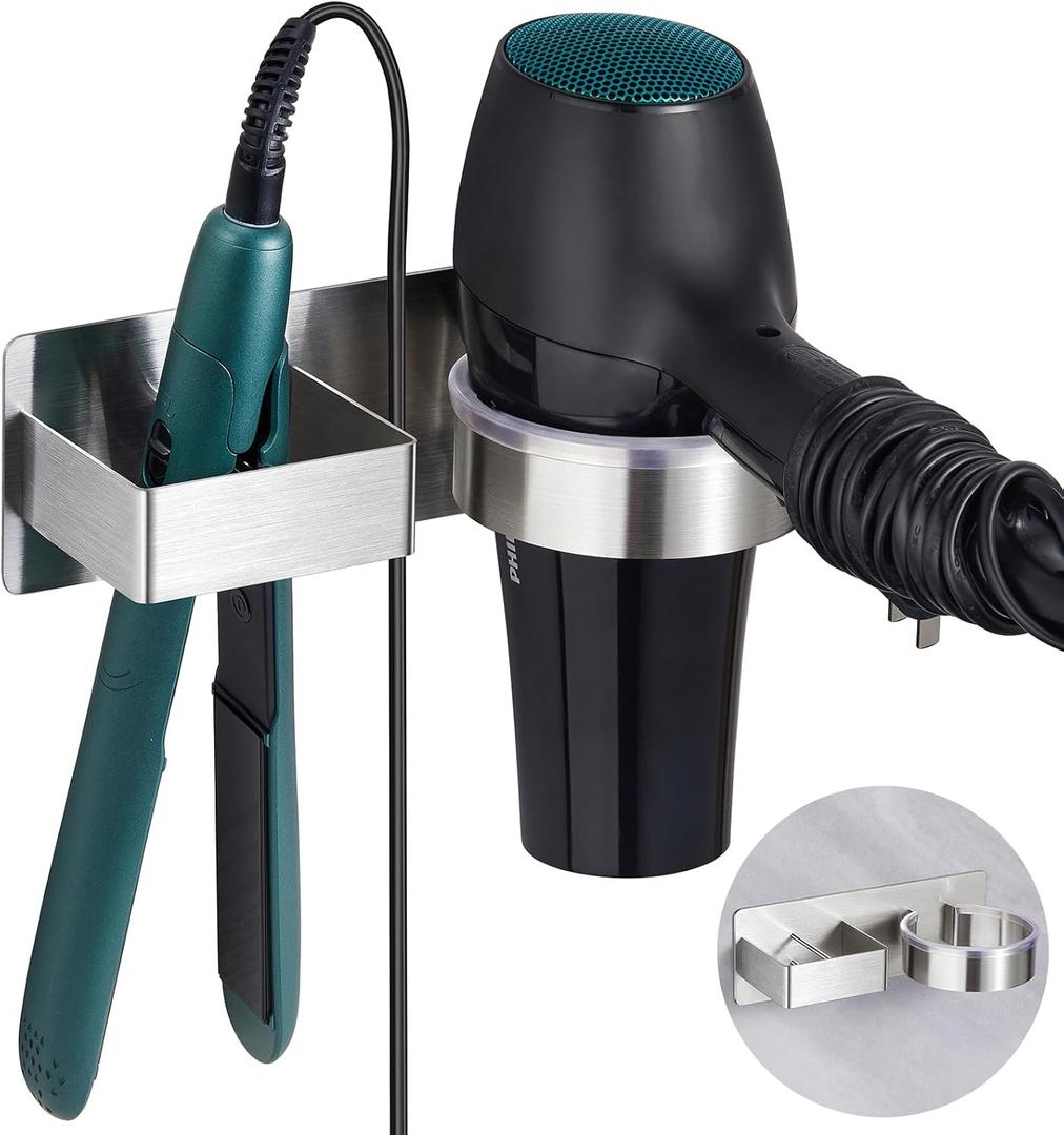 Hair Dryer Holder, Hair Tool Organizer, Stainless Steel Blow Dryer Holder Wall Mounted, Adhesive Straightener Holder, Bathroom Hair Care Styling for Flat Iron,Curling Iron,Hairdryer (Silver)