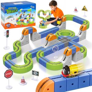 101PCS Magnetic Train Set with Electric Train, Track Fusion Train STEM Learning Race Track with Traffic Signs & Magnetic for Boys Girls Ages 5-14, Kids Toys, Birthday Gifts(Large), Valentine Gift