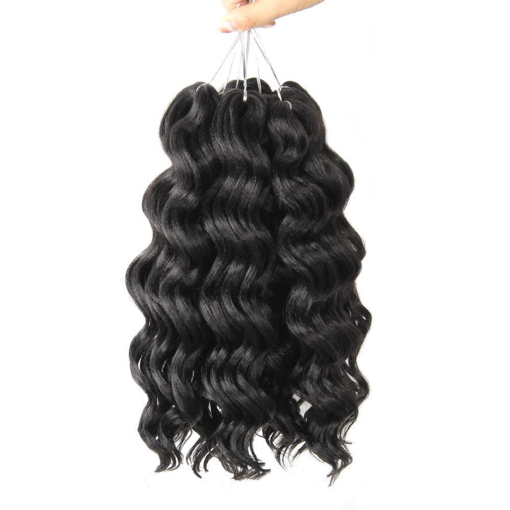 Ocean Wave Crochet Hair 6 Inch 8 Packs Soft Deep Twist Crochet Braids Synthetic Wavy Braiding Hair Extensions (1# Jet Black)