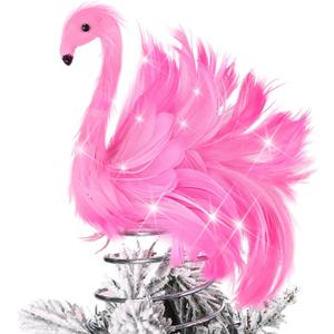 Gejoy Pink Flamingo Mini Christmas Tree Topper 4 Inch with Artificial Fluffy Feather LED String Lights Light up Miniature Pink Christmas Home Decorations for Small Xmas Tree Ornaments Holiday Party