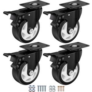 4 Inch Caster Wheels, Casters Set of 4, ASHGOOB Casters with Brake Heavy Duty 1400 Lbs, Industrial Locking Swivel Top Plate Castor Wheels for Workbench/Furniture/Cart.AB Switch, Double Pedal Brake