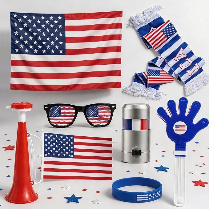 Soccer Fan Set, Fan Gear Kit with American Flag, Glasses, Face Paint, Wristband, Clapper, Scarf and Horn for Stadiums, Watch Parties and Sports Events
