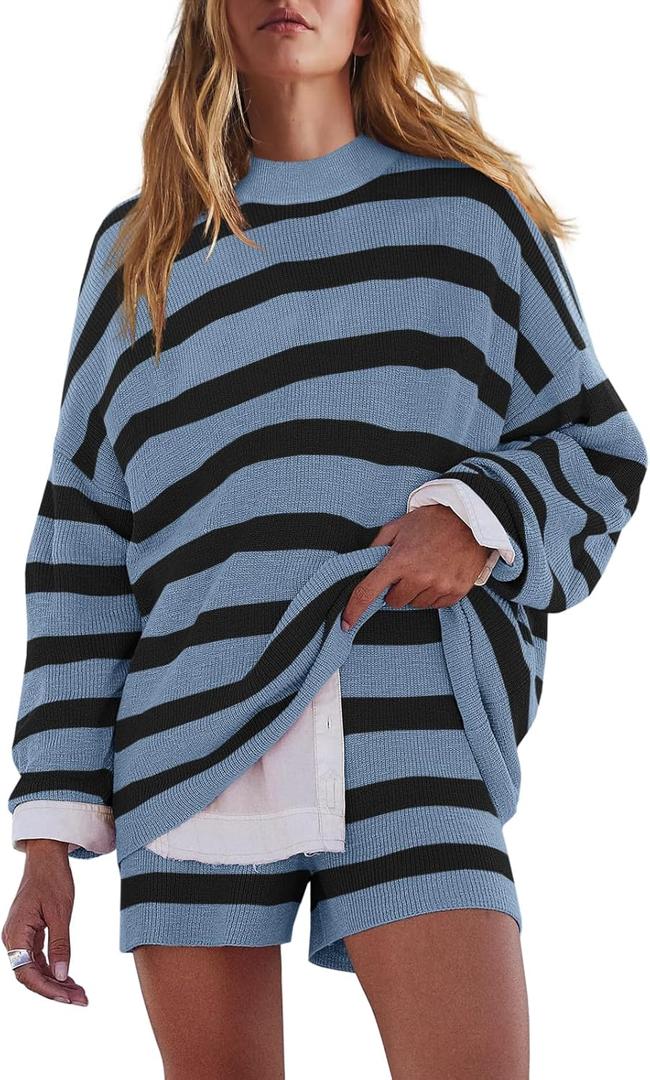 LAMISSCHE Womens Oversized Lounge Sets 2 Piece Outfits Striped Matching Pajama Set Long Sleeve Sweater Set (Small, Black&g Blue)