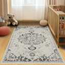 Area Rug 8x10 Washable Rug Gray Vintage Traditional Mat Distressed Indoor Foldable Thin Retro Accent Floral Non Slip Carpet Living Room Dining Room Office