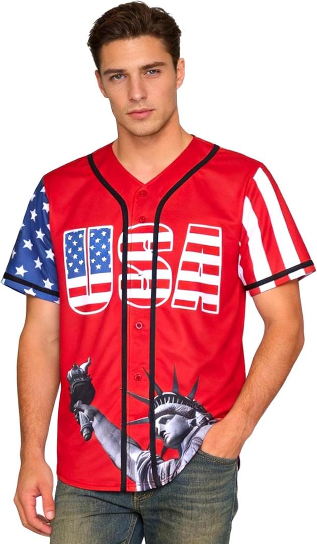 USA Baseball Jersey for Men American Flag Statue of Liberty USA Eagle America Shirts Sports Uniform (Red) 4XL