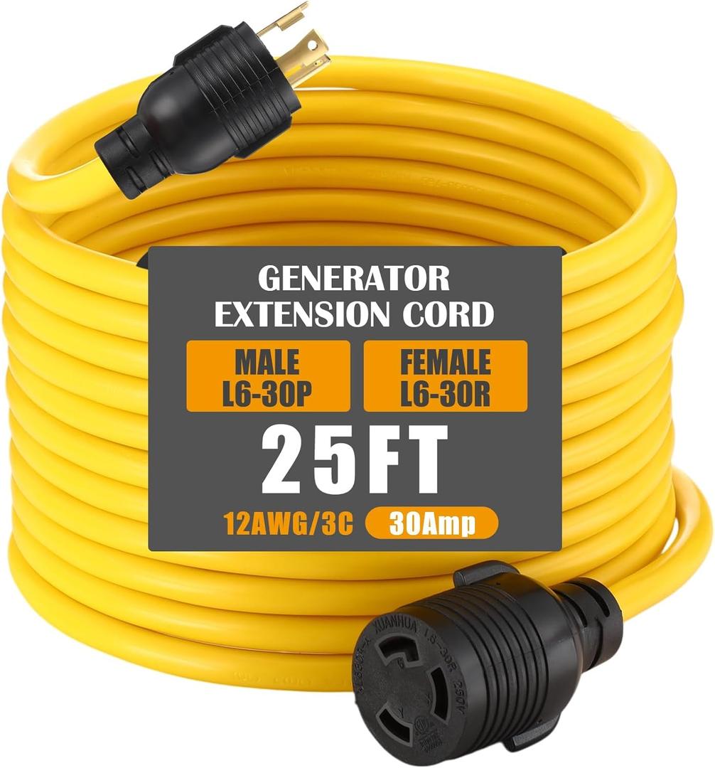 NEMA L6-30 Generator Extension Cord, NEMA L6-30P Male Plug to L6-30R Female Receptacle 3 Prong 30 Amp Generator Locking Power Cord, 3x12 Gauge, 250volt 7500watts Power Cable(25ft)