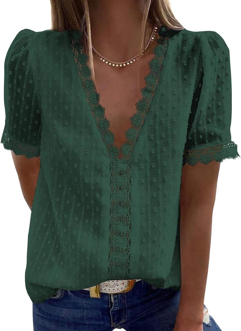 Dokotoo Women's V Neck Lace Crochet Tunic Tops Flowy Casual Blouses Shirts (A1 Green)