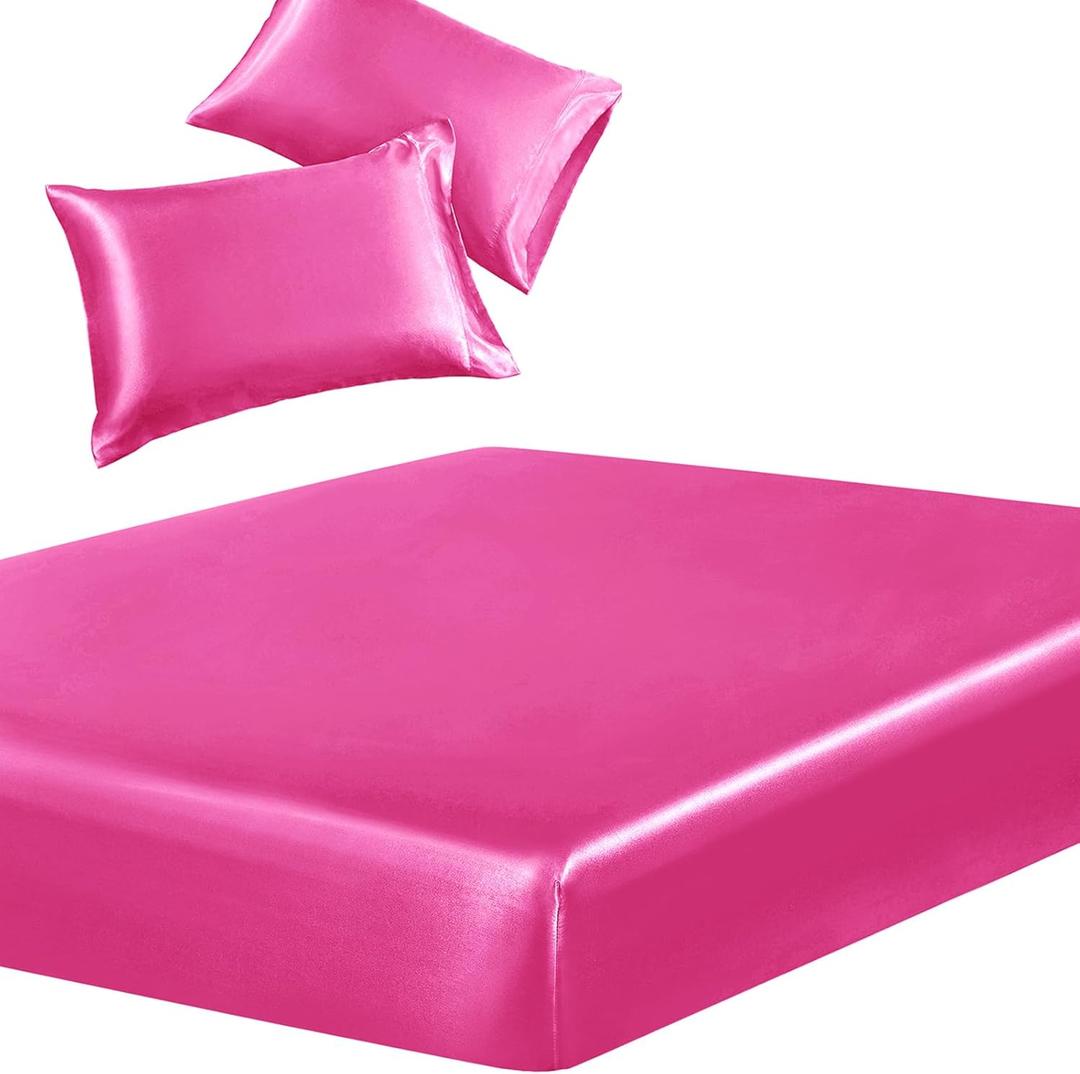 SiinvdaBZX 3-Piece Set Satin Queen Fitted Sheet & 2 Pillowcase, Hot Pink Silky Soft Fitted Bottom Sheet, Wrinkle Free, Fade Resistant, Deep Pocket Bed Sheet (Deep Up to 15")