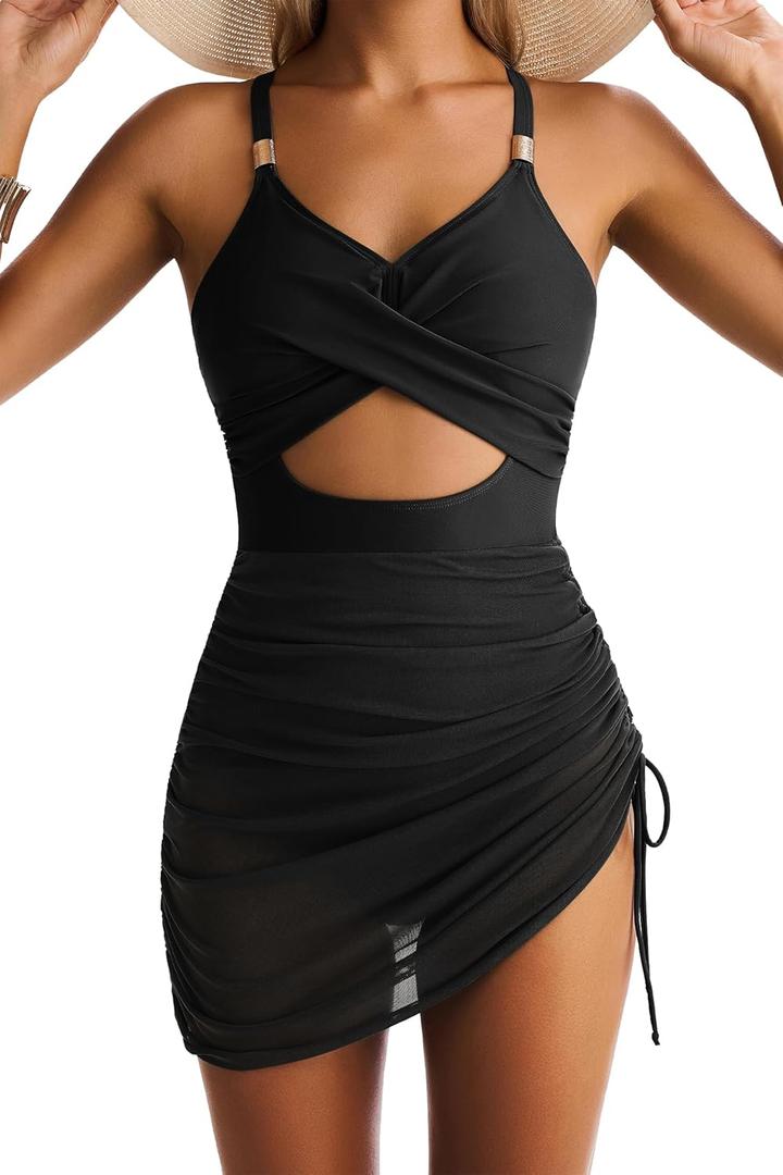Women's Mesh One Piece Swimdress V Neck Cutout Swim Dresses Bathing Suit Wrap Sarong Swimwear (Large, Black)
