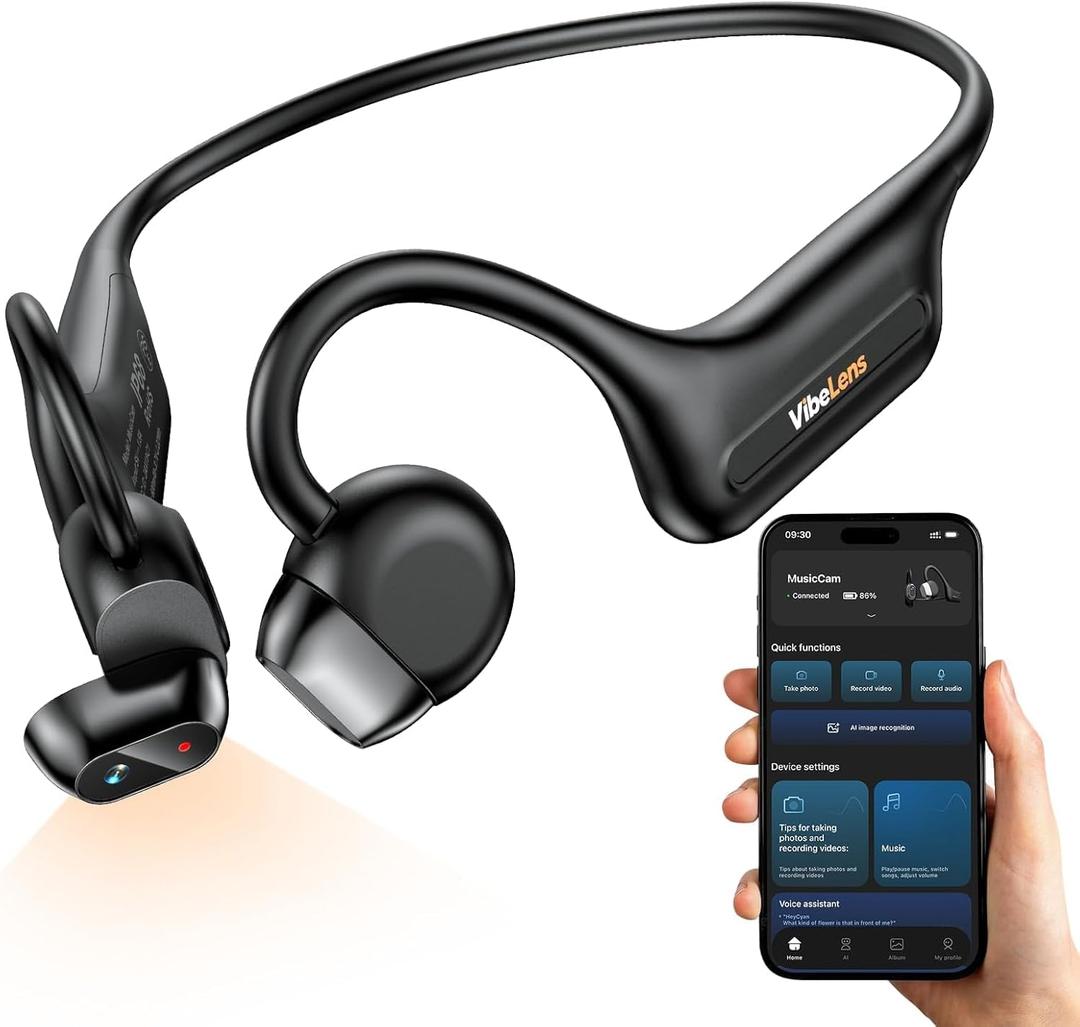 MusicCam Worlds 1st Bone Conduction Headphones with Camera, Hand-Free POV Camera Headphones, IP68 Water & Sweat Resistant, AI Functions, Open-Ear Bluetooth Wireless Sport Earphones with APP