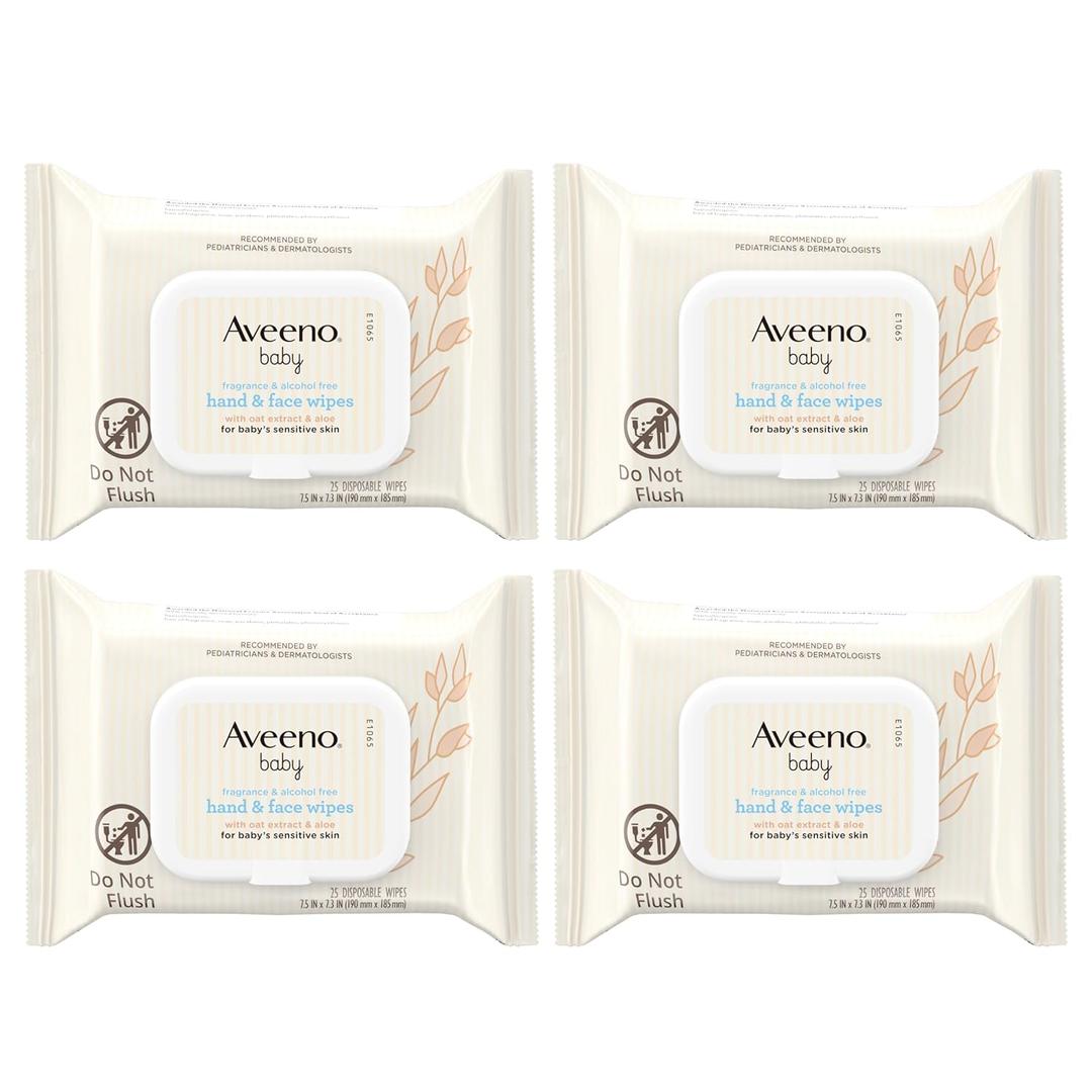 Aveeno Baby Fragrance-Free Hand & Face Wipes with Oat Extract & Aloe, Cleansing & Moisturizing Baby Wipes for Sensitive Skin, Sulfate-, Alcohol-, Paraben- & Dye-Free, Hypoallergenic, 25 ct (Pack of 4)