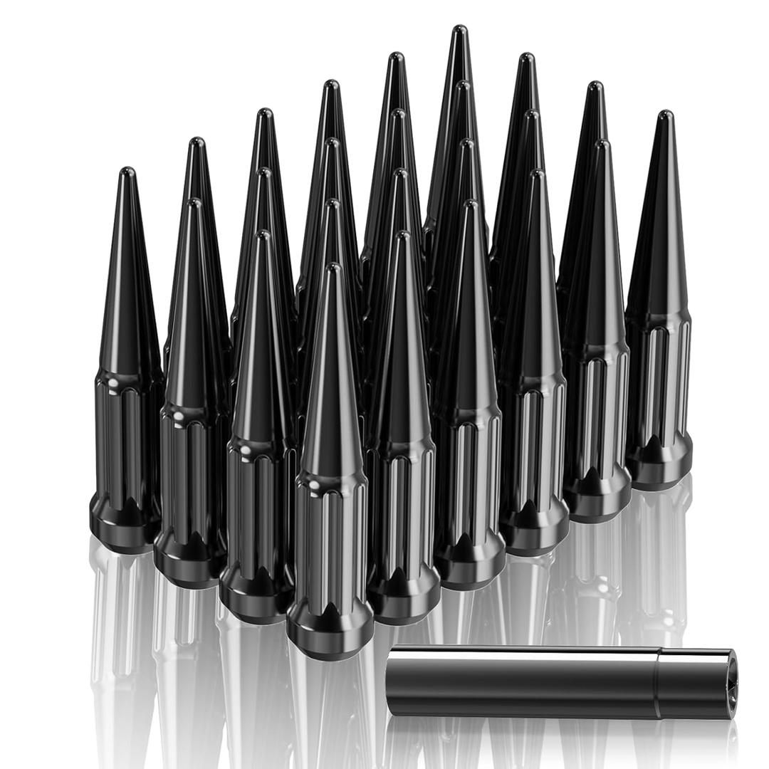 Wheel Spike Lug Nuts, M14x1.5 Conical Bulge Seat, Closed End Spiked Lug Nuts with Socket Key, Fits Silverado Sierra 2500 3500, F250 F350 Aftermarket Wheels- 24 Pack (Black)