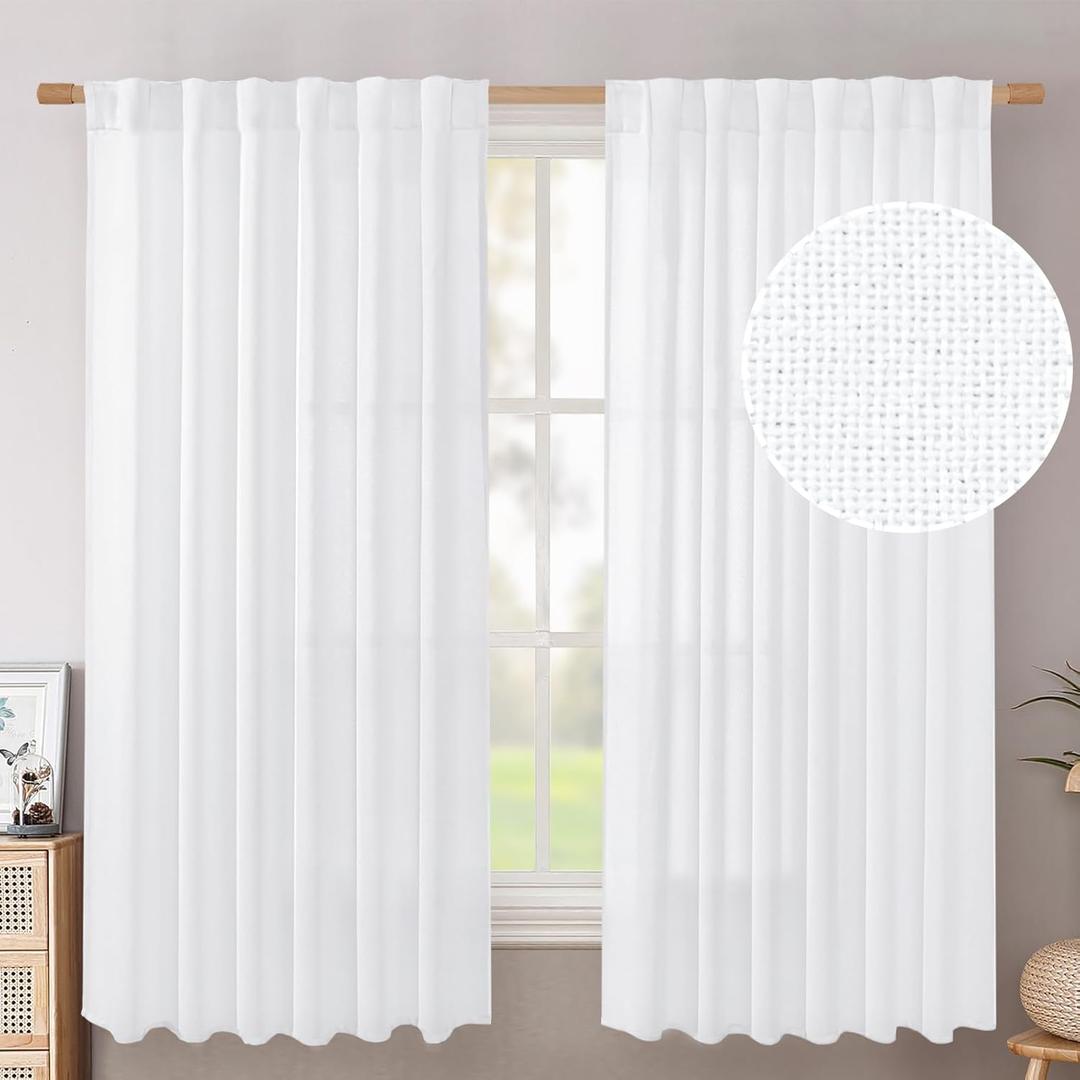 BGment White Linen Curtains 63 Inch Length 2 Panels - Rod Pocket Semi Sheer Drapes Light Filtering Textured Window Treatments for Living Room Bedroom Office Back Tab, 52 X 63 Inch