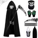 Halloween Grim Reaper Costumes Scary Adults Black Hooded Cloak Scythe Skull Mask Skeleton Gloves Candy Bags, Youth Medium: 8-10