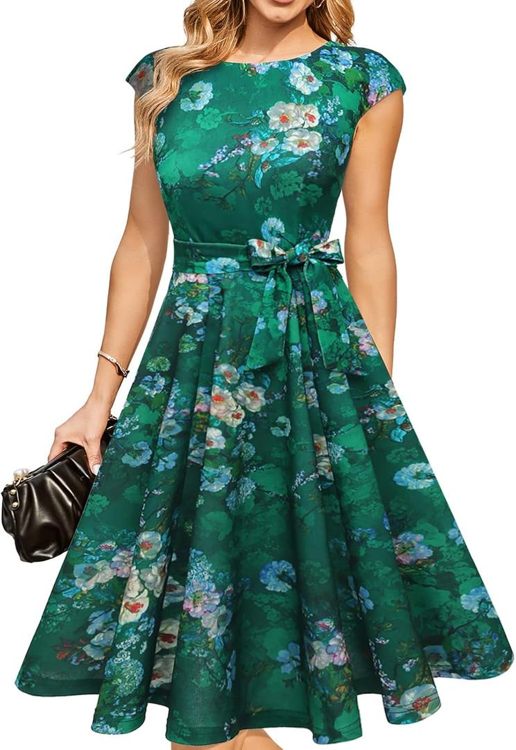 DRESSTELLS Cocktail Womens Floral Dresses for Wedding Guest Semi Formal Spring Summer Easter Modest Church Tea Party Retro Dress Print Green Flower L