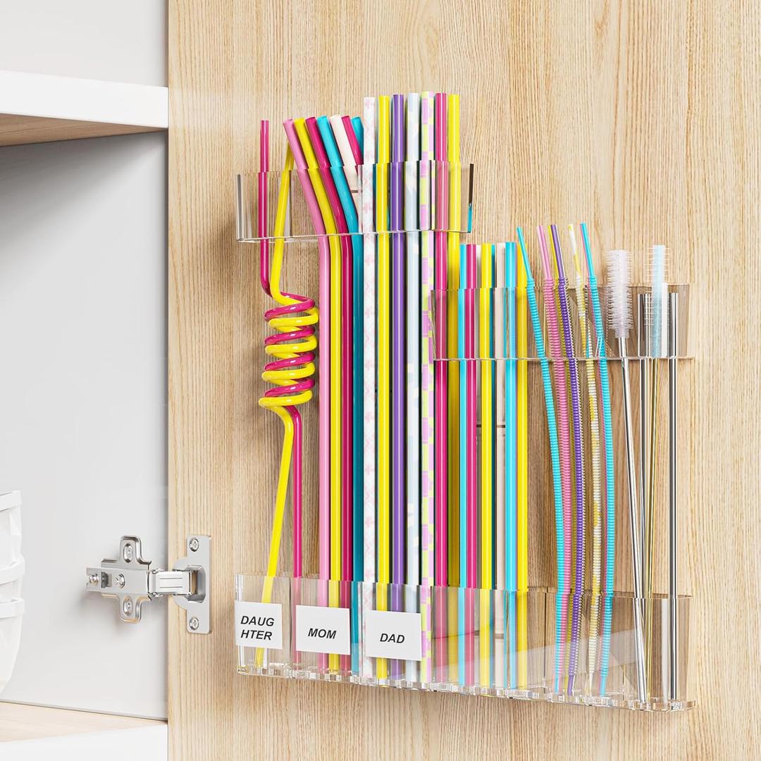 Upgraded 9.84" Large Straw Holder for Cabinet Door, 3-Part Adjustable Straw Organizer Storage with Strong Adhesive Double-sided Tape, Ultra Sticky Under-Cabinet Mount Storage (Transparent)