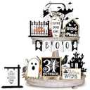 Quimoy 19 Pcs Halloween Tiered Tray Decor, Cute Ghost Boo Bat Haunted House Wooden Signs, Happy Halloween Table Decor for Home Kitchen, Rustic Farmhouse Party Favors