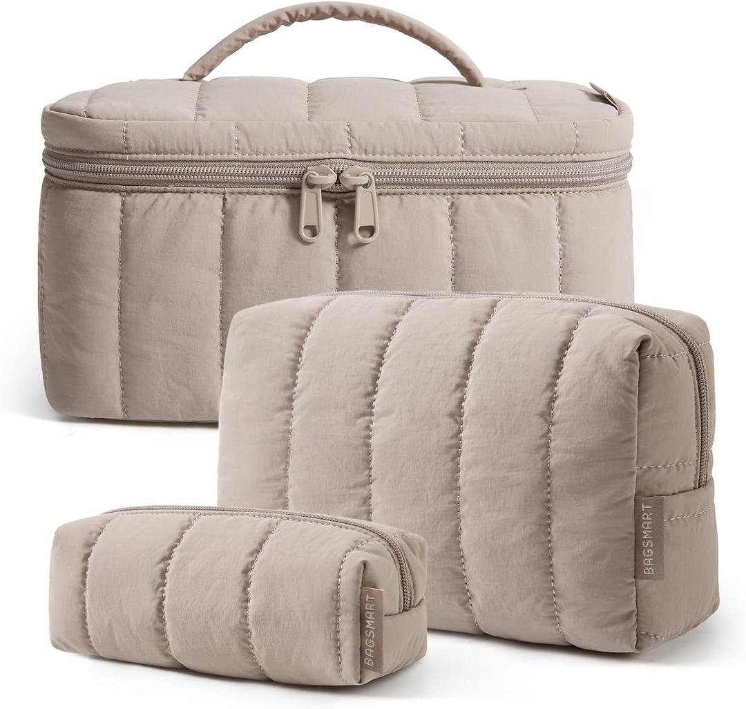 BAGSMART Travel Makeup Bag for Women, 3 Pcs Puffy Padded Cosmetic Organizer Bag, Large Toiletry Case and Small Purse Pouch for Gym, Work, Girls (Camel)