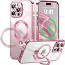 360° Spin CD Stand for iPhone 16 Pro Max Case Compatible with Magsafe Ring [Never Yellow][DIY Glitter Cardstock] Camera Protection Plating Clear Cute Phone Case for Women Girls 6.9'', Pink