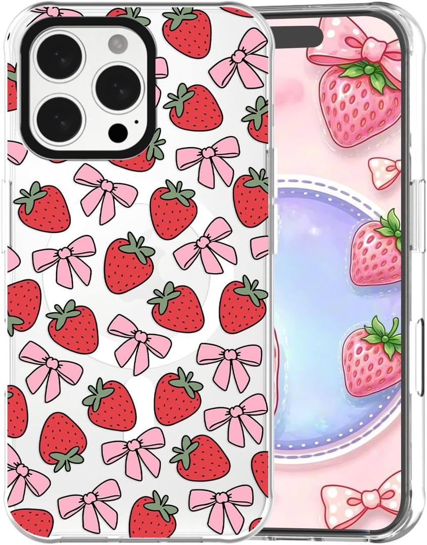  GUESNUY Aesthetic Phone Case Compatible with iPhone 16e,Bow Case Compatible with MagSafe,Soft Clear TPU Anti-Slip Bumper Protective Cover,Strawberry Bows Pattern Designed for Women Girl 