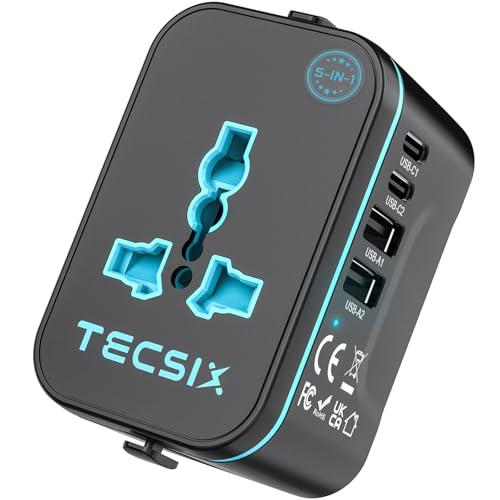 Universal Travel Adapter Worldwide, TECSIX European Travel Plug Adapter with 2 USB C, 2 USB A and Multi AC Outlets, International Power Converter for EU US UK AUS 200+ Countries Type A C G I