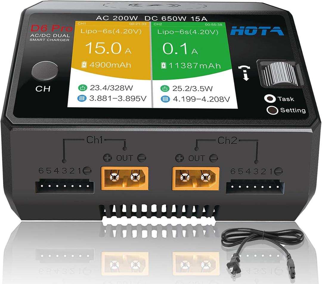 HOTA D6 Pro Lipo Battery Charger Smart Charger Dual Channel 15A AC200W DC650W for Lipo LiHv Nicd NiMH RC Battery Charger with Balance Phone Wireless Charging RC Car RC Boat FPV Race Drone Parts