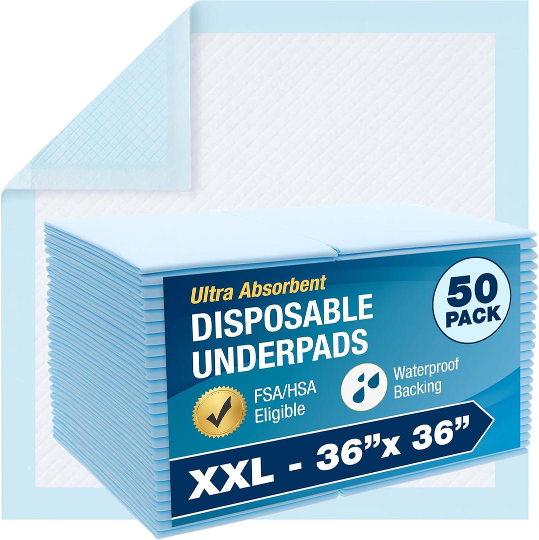 DMI Extra Large 36" x 36", 50 Count, Ultra Protective Incontinence Bed Pads for Women and Men, Elderly, Kids Bed Wetting, Absorbent Chucks, Furniture Protection, FSA/HSA