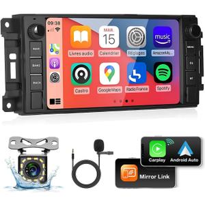 Car Stereo for Jeep Wrangler Dodge Chevrolet RAM 1500, Double Din Android Radio with Wireless Apple CarPlay, 7" Touchscreen Stereo with WiFi, GPS, RDS/FM Radio, Bluetooth + Backup Camera & Mic