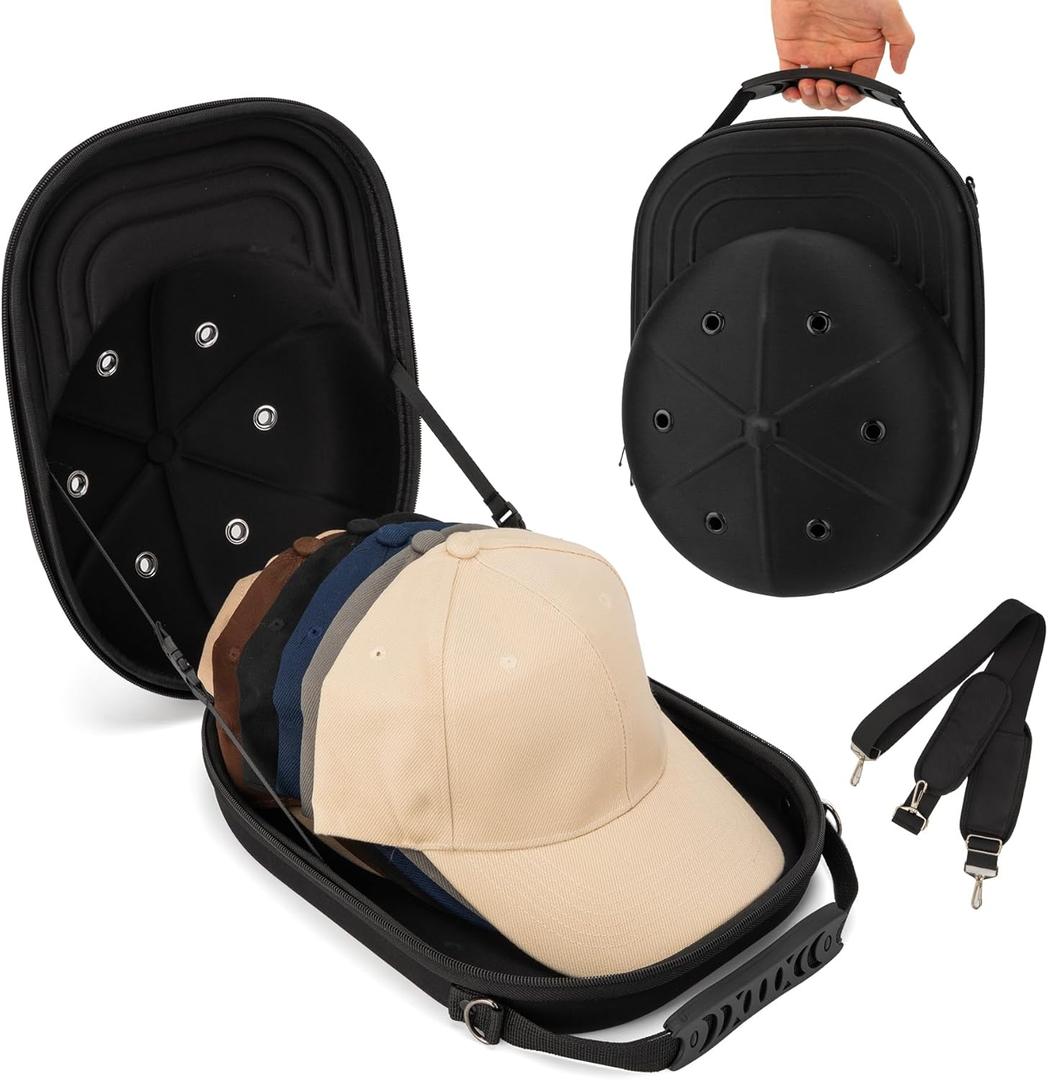 Hat Travel Case, Hat Carrier Travel Case with Adjustable Shoulder Strap, Hat Organizer Baseball Caps Holder for 6 Baseball Caps, Perfect for Traveling & Home Storage, Small (Black)