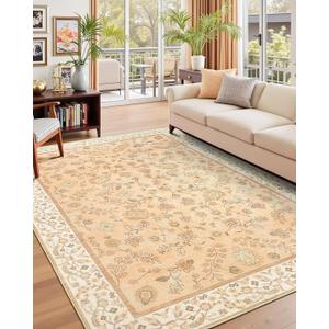 5x7 Washable Boho Area Rug for Living Room, Vintage Floral Non Slip Bedroom Rugs, Soft Low Pile Carpet for Kitchen Bathroom Farmhouse Nursery Kids Room Dining Room, Cinnamon Orange