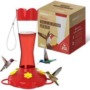MEKKAPRO Outdoor Hummingbird Feeder Made from Glass, Humming Bird Feeders for Outdoors Hanging Ant and Bee Proof with 5 Nectar Feeding Stations, Bright Red, Backyard Feeder (10 Ounces) (Classic)