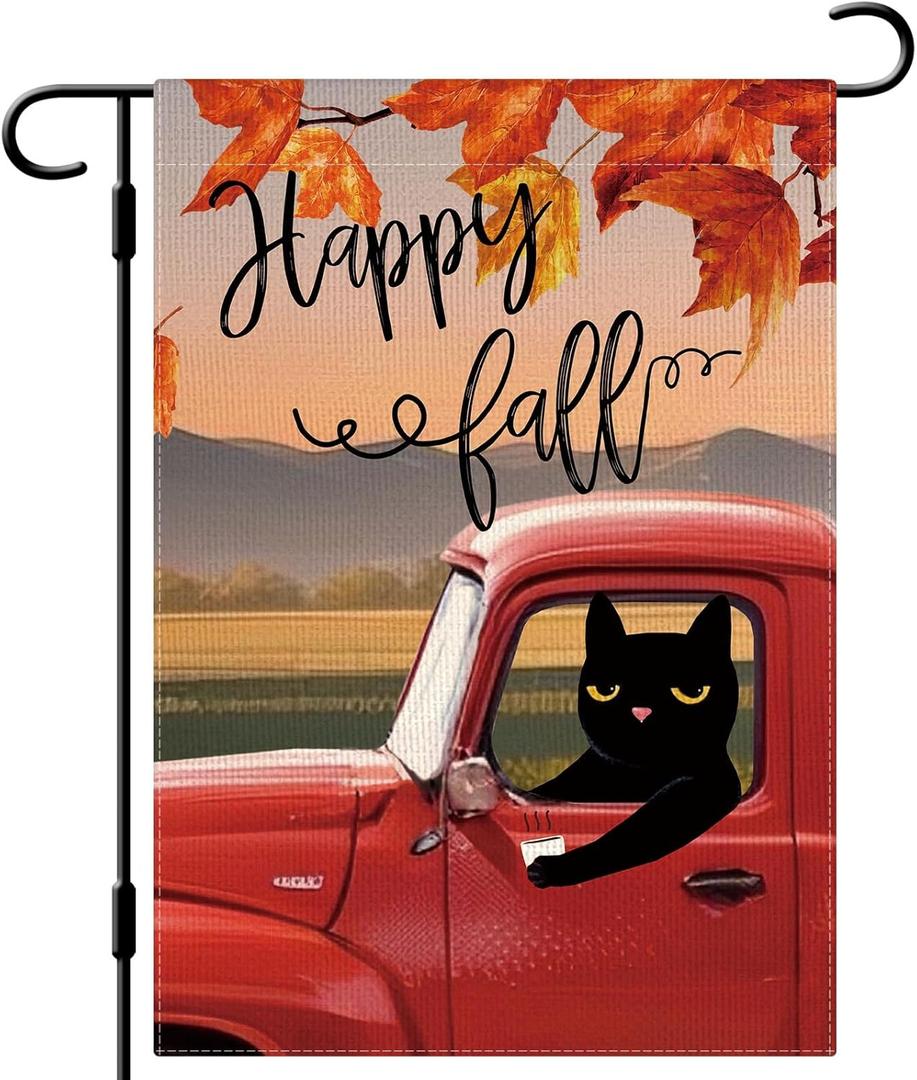 DLZDN Hello Fall Black Cat Garden Flag 1218 Inch Double Side Vertical Burlap Farmhouse Yard Sign Autumn Seasonal Outdoor House Decoration