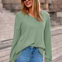 MASCOMODA Womens Tops Casual V Neck Waffle Knit Long Sleeve Shirts Trendy Loose Tunic Pullover Work Blouses Fall Outfits(Green,Medium) (Green, M)