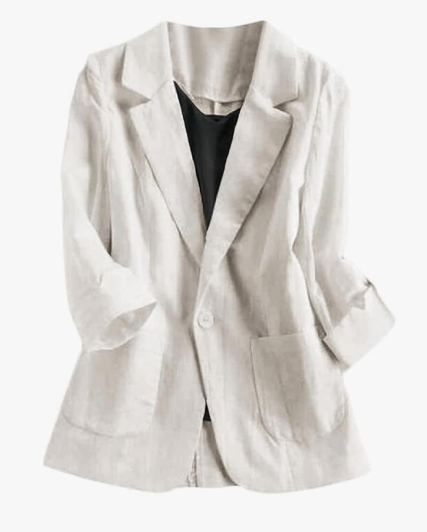Womens Casual Solid Cotton Linen 3/4 Sleeve Short OL Work Blazer Jacket Coat 2XL